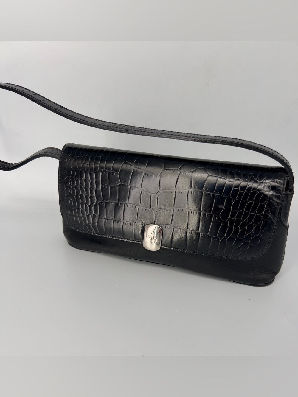Vintage Y2K Lauren Ralph Lauren Black Croc-Embossed Leather Shoulder Bag